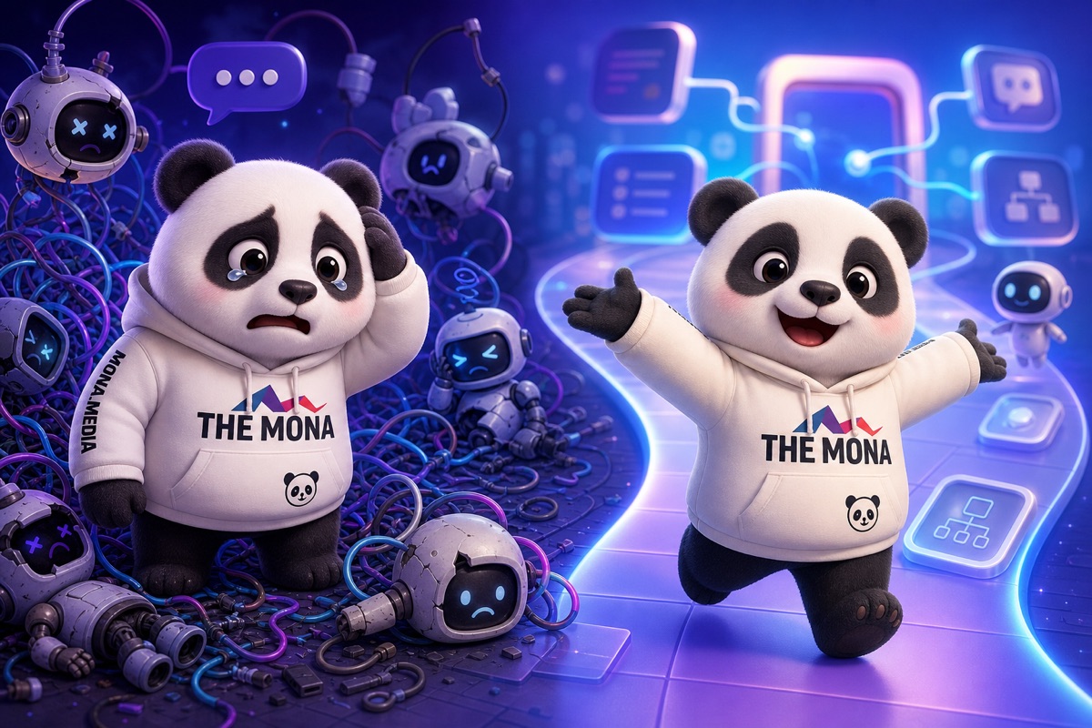 Hình ảnh đối lập: gấu MONA bối rối bên trái, tươi cười mời gọi đến con đường tự động hóa rõ ràng bên phải.
