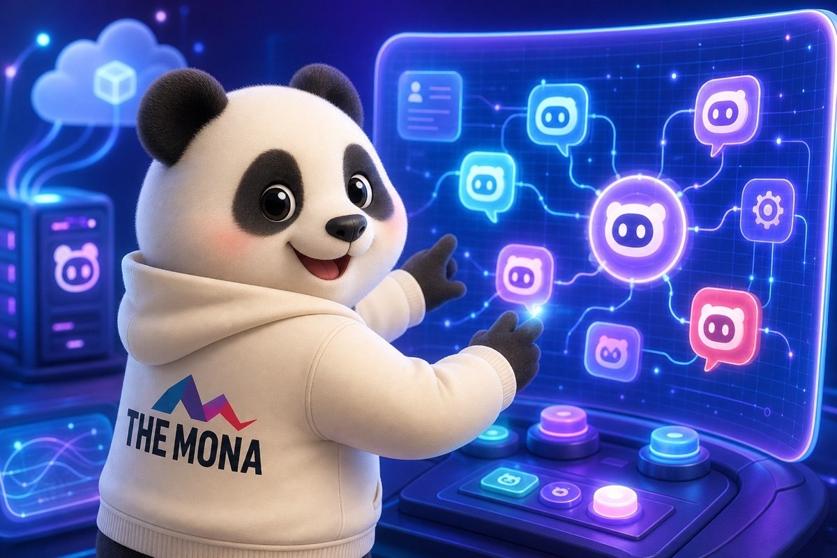 Gấu trúc vui mừng nhìn kiến trúc Chatbot AI đa kênh tùy chỉnh của MONA.