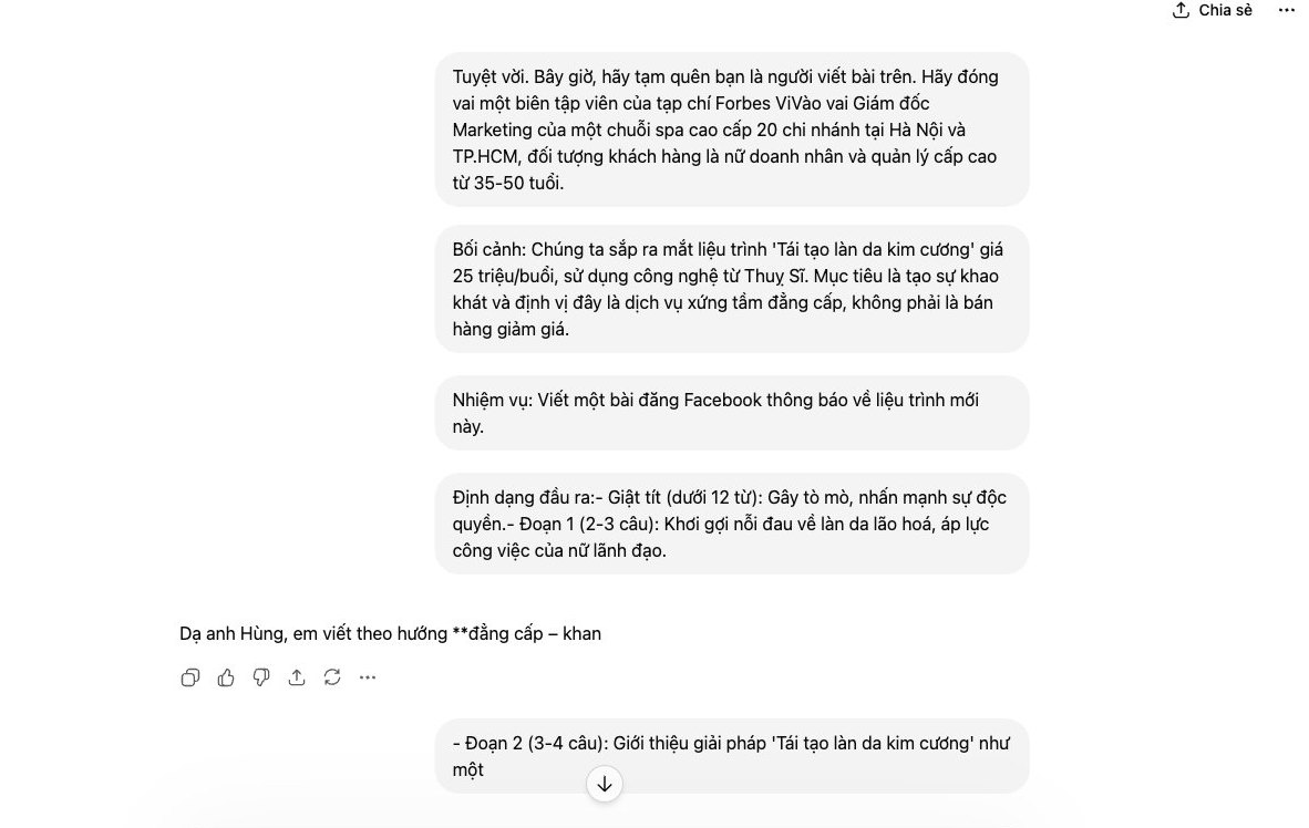 Sử dụng công thức prompt 4 lớp trong ChatGPT để viết bài quảng cáo cho spa cao cấp.