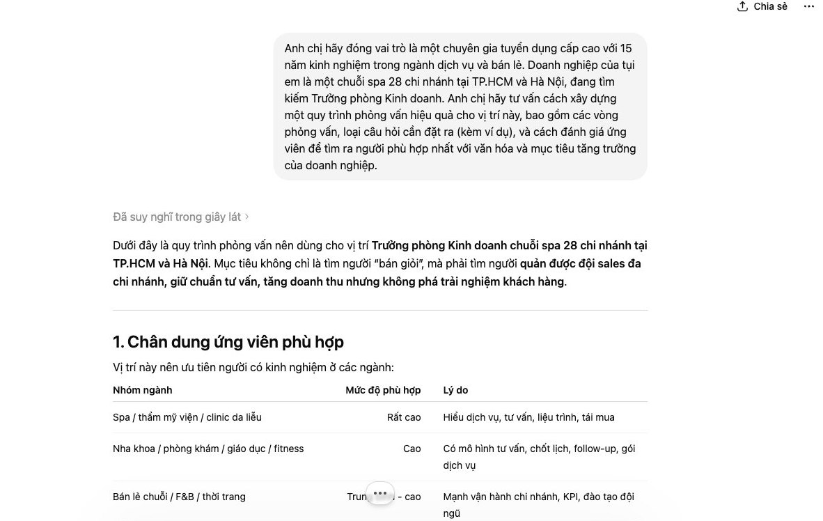 ChatGPT Plus đóng vai trò chuyên gia tuyển dụng tư vấn quy trình phỏng vấn Trưởng phòng Kinh doanh cho chuỗi spa
