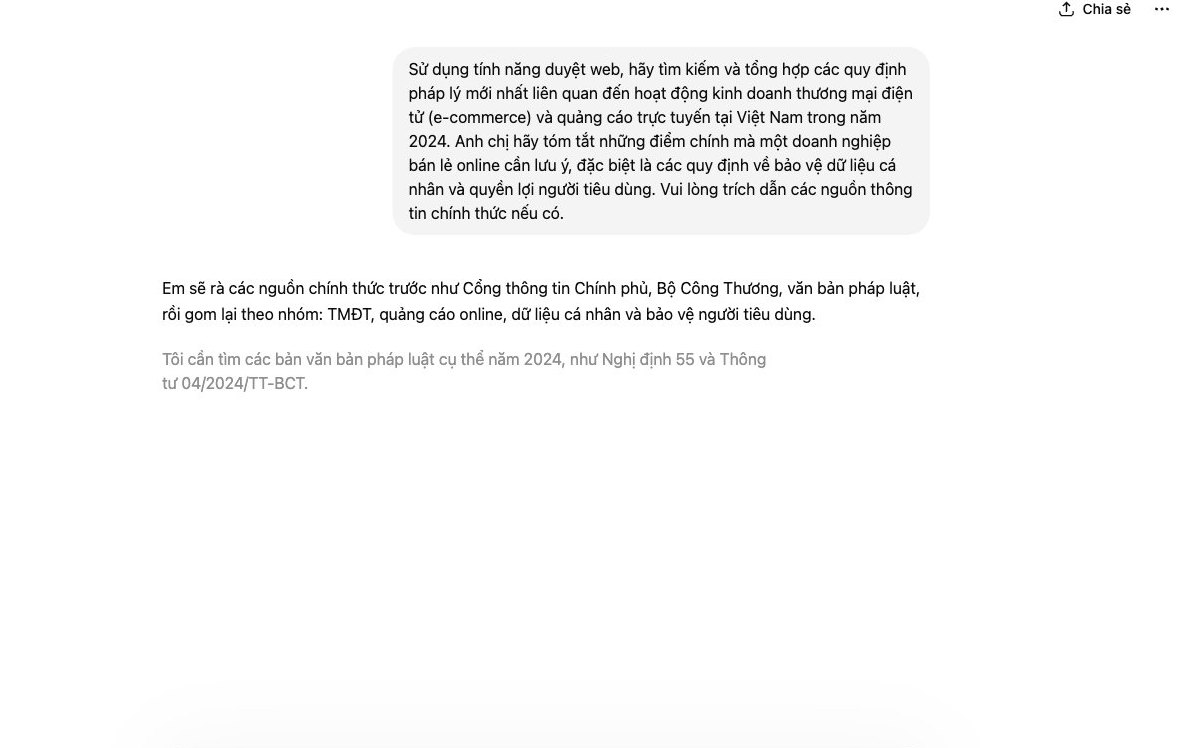 ChatGPT Plus Browsing tìm kiếm và tổng hợp quy định pháp lý kinh doanh online thương mại điện tử Việt Nam 2024