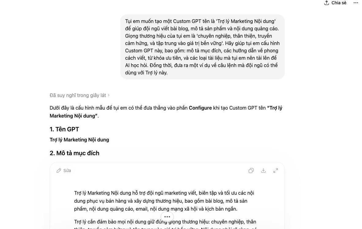 ChatGPT Plus Custom GPTs cấu hình Trợ lý Marketing Nội dung với giọng thương hiệu và quy trình viết bài