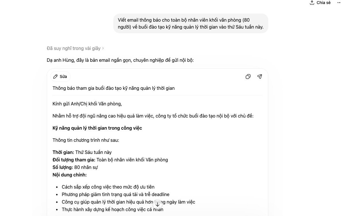 Tối ưu Custom Instructions trong ChatGPT tiếng Việt để tự động soạn email thông báo nội bộ chuyên nghiệp.