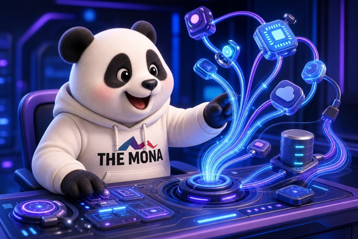 Gấu panda vui mừng làm việc trên máy tính, dữ liệu tích hợp liền mạch, giảm thiểu chi phí tự động hoá doanh nghiệp ẩn.