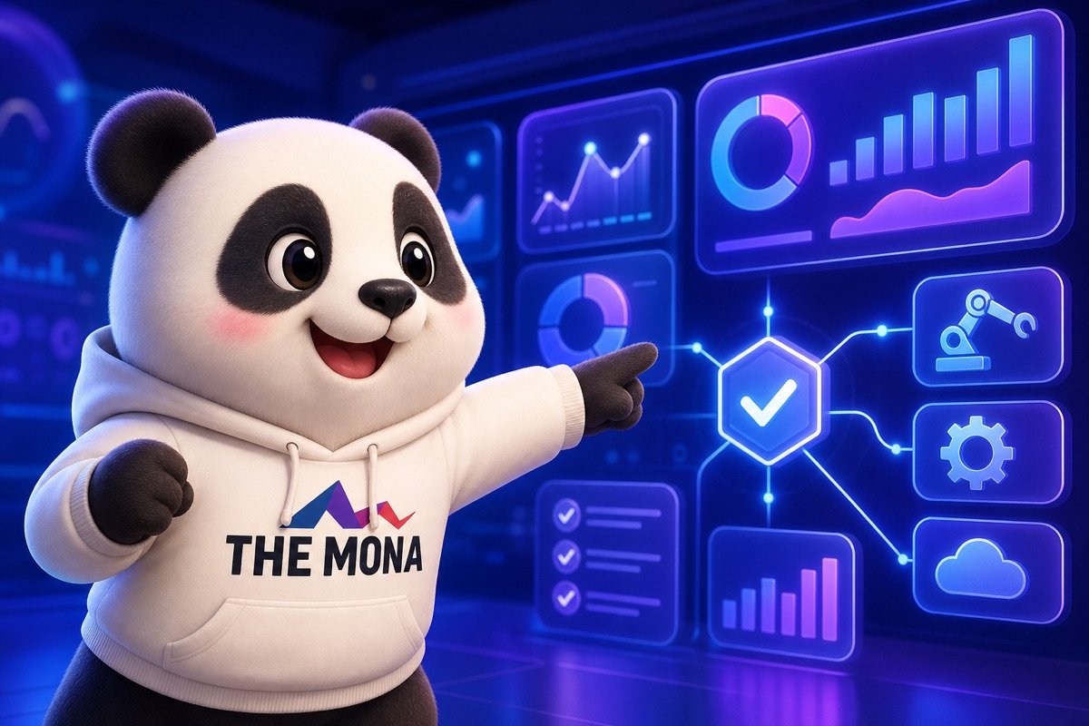 Gấu panda vui vẻ chỉ vào màn hình hiển thị tiết kiệm chi phí tự động hoá doanh nghiệp và dữ liệu tích hợp.