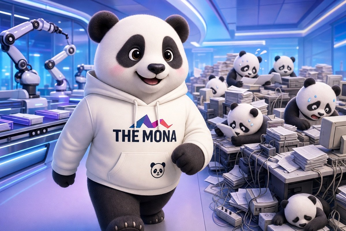 Gấu panda vui mừng di chuyển qua văn phòng tự động, tránh được chi phí nhân sự cồng kềnh trong tự động hoá doanh nghiệp.