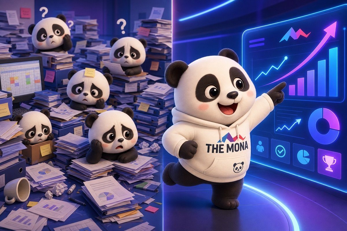 Hình ảnh chia đôi: bên trái văn phòng lộn xộn, bên phải gấu panda chỉ vào số liệu giảm chi phí tự động hoá doanh nghiệp.