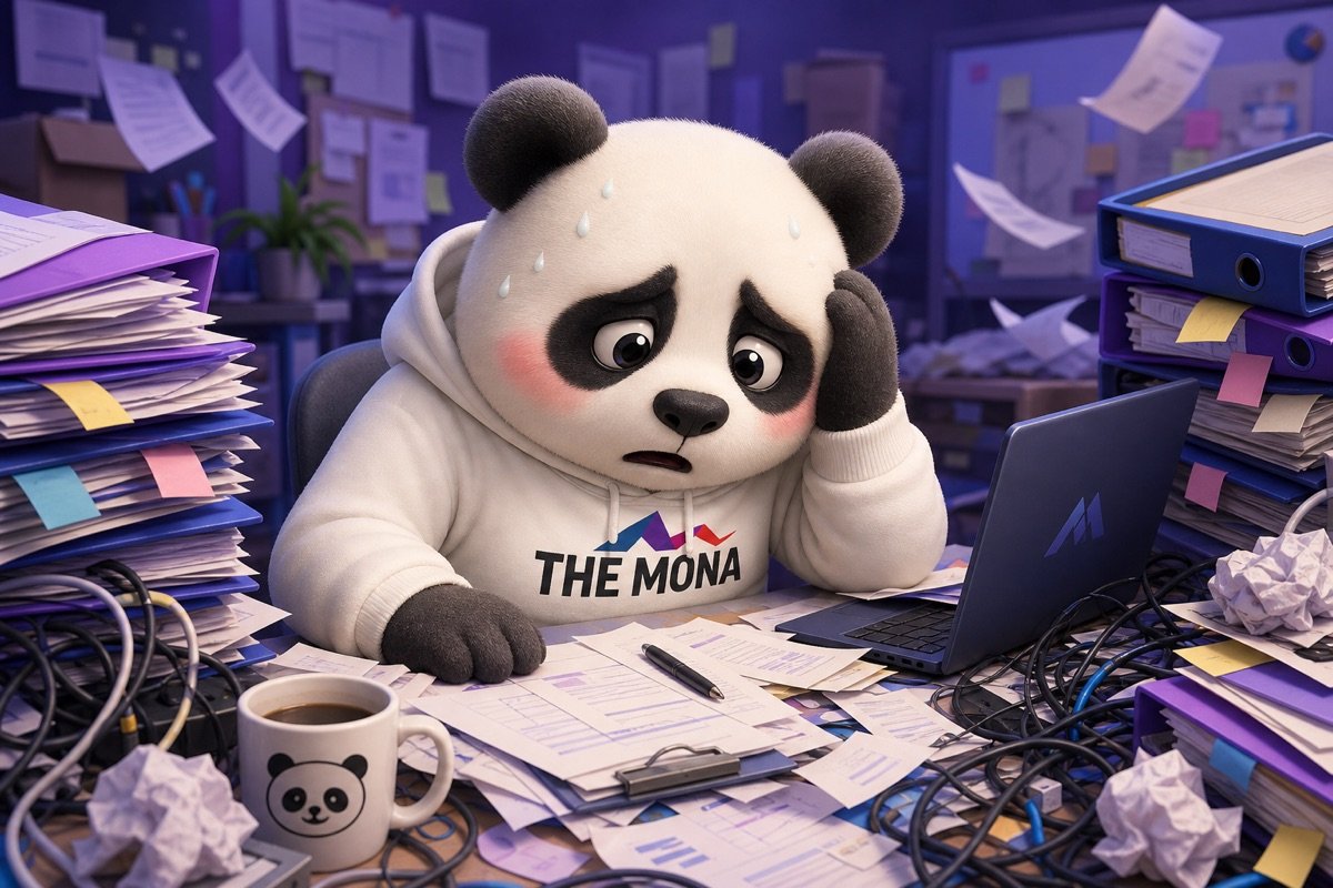 Gấu panda buồn rũ rượi bên bàn làm việc lộn xộn, thể hiện nỗi lo mất kiểm soát chi phí tự động hoá doanh nghiệp.