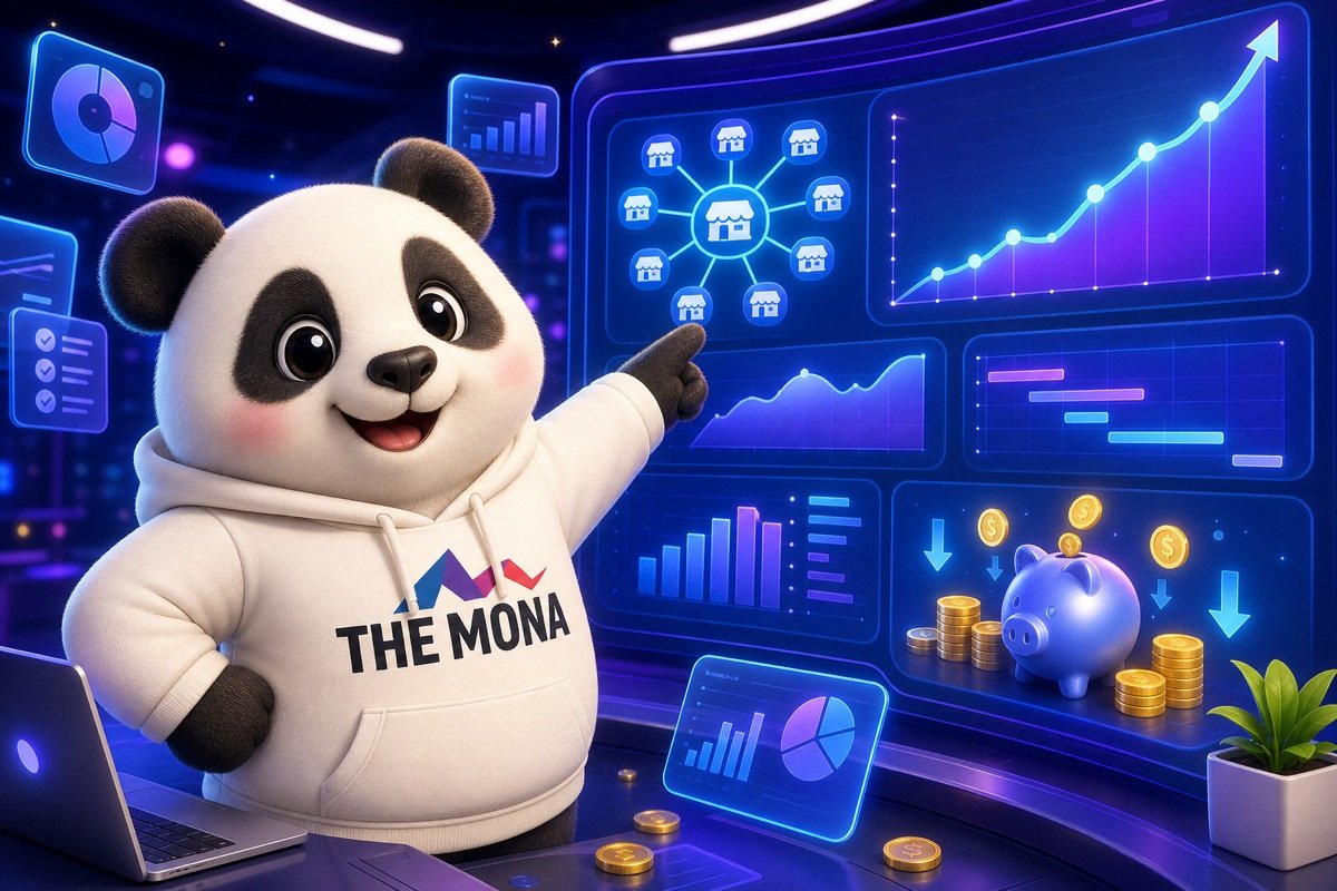 Gấu panda vui vẻ chỉ vào màn hình hiển thị tiết kiệm hơn 600 triệu mỗi tháng nhờ tối ưu chi phí tự động hoá doanh nghiệp.