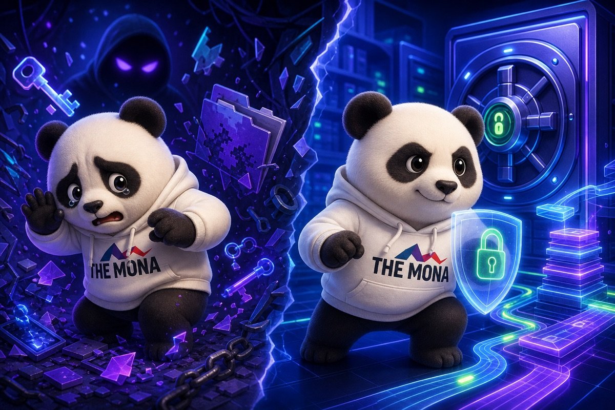 Hình ảnh chia đôi: bên trái dữ liệu hỗn loạn, bên phải gấu panda bảo vệ dữ liệu, tránh rủi ro chi phí tự động hoá doanh nghiệp.