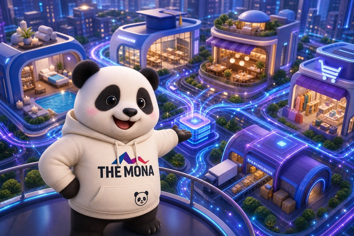 Gấu panda vui vẻ giám sát các ngành nghề khác nhau được kết nối bởi hệ thống tự động hoá doanh nghiệp.