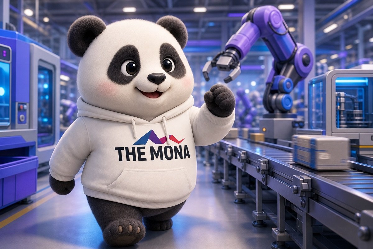 Gấu panda tự tin mỉm cười giữa nhà máy hiện đại, mời gọi khám phá chi phí tự động hoá doanh nghiệp.