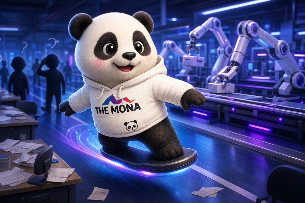 Gấu trúc MONA lướt qua nhà máy, thể hiện sự nhẹ nhõm khi chi phí nhân sự cồng kềnh được giải quyết.