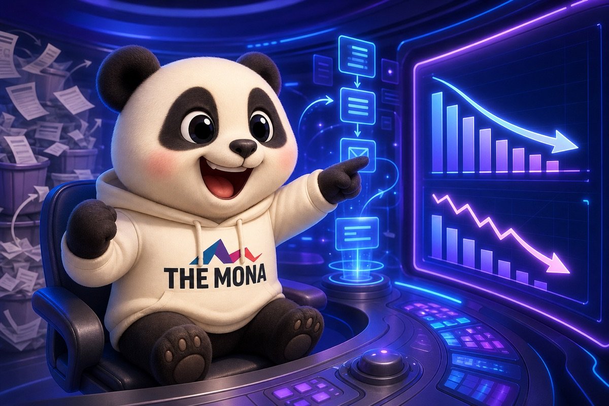Chú gấu panda vui vẻ làm việc tại máy tính, thể hiện sự nhẹ nhõm khi giải quyết lãng phí trong chuyển đổi số ngành sản xuất.