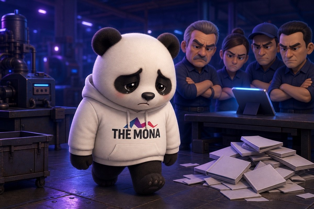 Chú gấu panda buồn bã đi qua nhà máy, phía sau là nhân viên phản đối, minh họa nỗi đau 'người cắn chủ' khi chuyển đổi số ngành sản xuất.