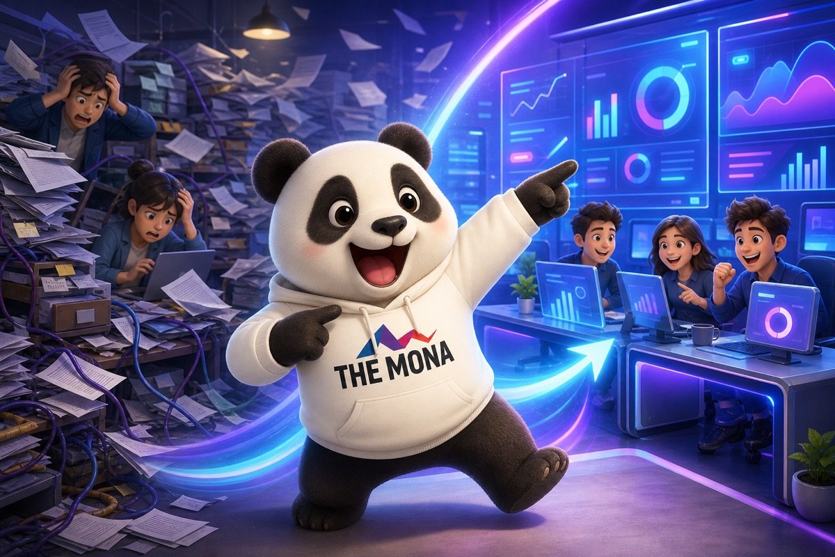 Hình ảnh so sánh trước và sau chuyển đổi số ngành sản xuất, chú gấu panda hào hứng chỉ vào kết quả tích cực.