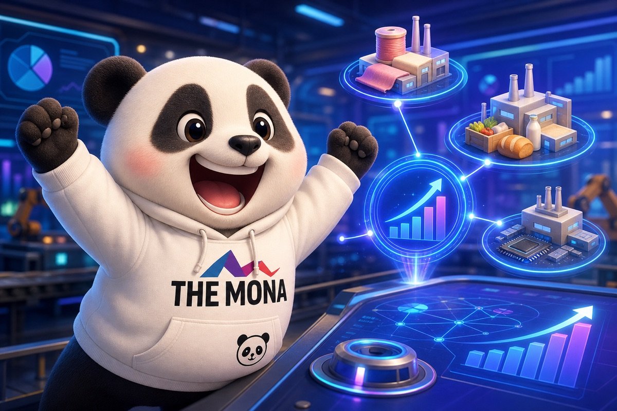 Góc nhìn qua vai chú gấu panda xem bảng điều khiển, thể hiện khả năng ứng dụng chuyển đổi số ngành sản xuất cho nhiều lĩnh vực.