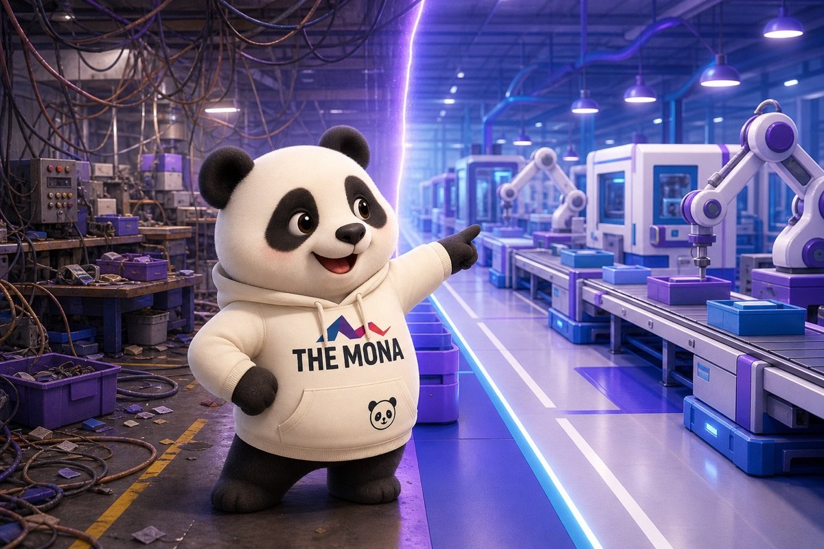 Hình ảnh so sánh trước và sau chuyển đổi số sản xuất, gấu panda hào hứng chỉ vào con số hiệu quả.