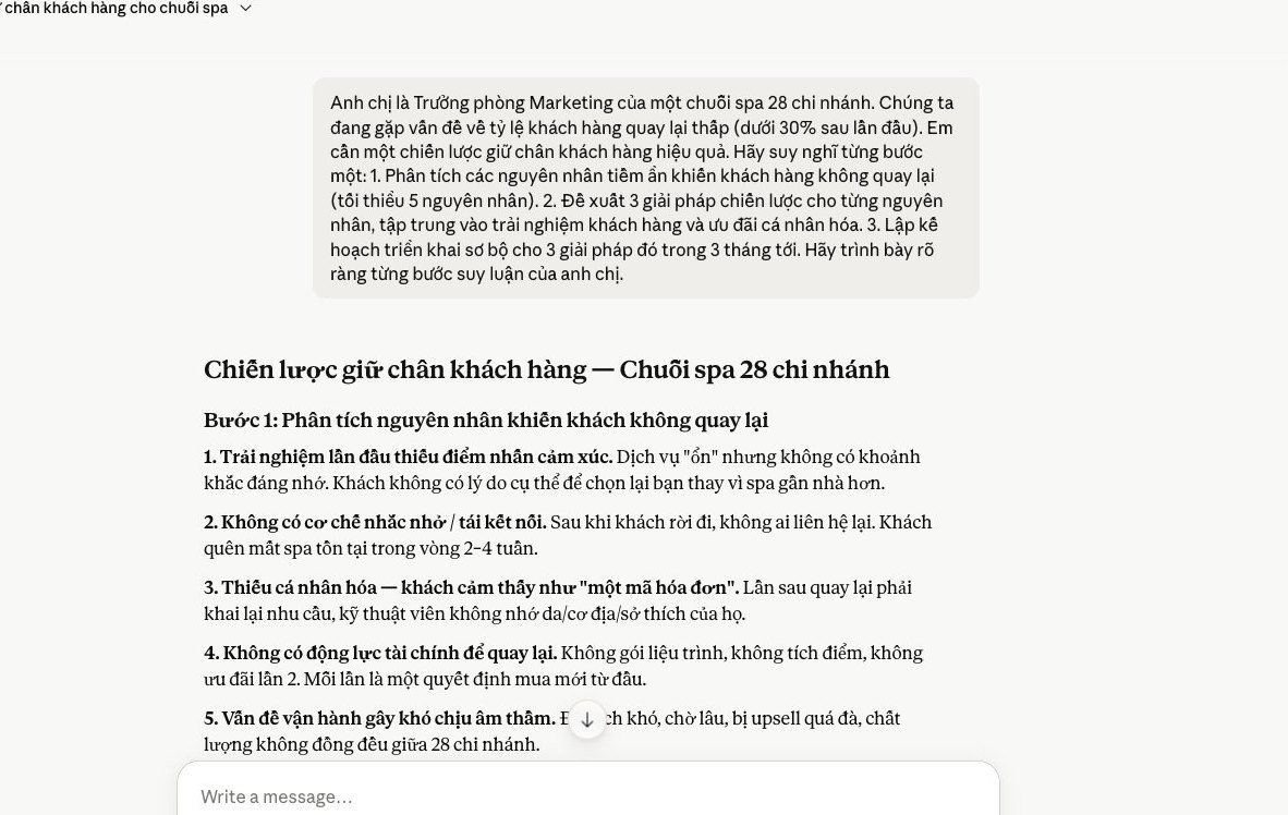 Claude sử dụng công thức Chain of Thought để phân tích chiến lược giữ chân khách hàng cho chuỗi spa.