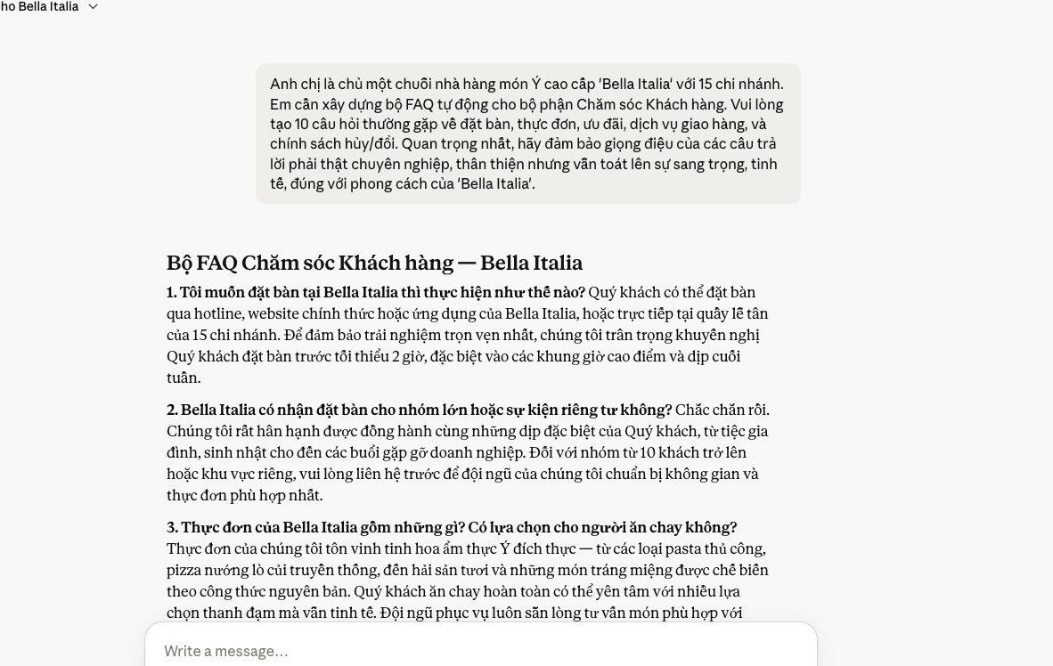 Claude tạo bộ FAQ tự động cho chuỗi nhà hàng 'Bella Italia', tinh chỉnh giọng điệu thương hiệu.