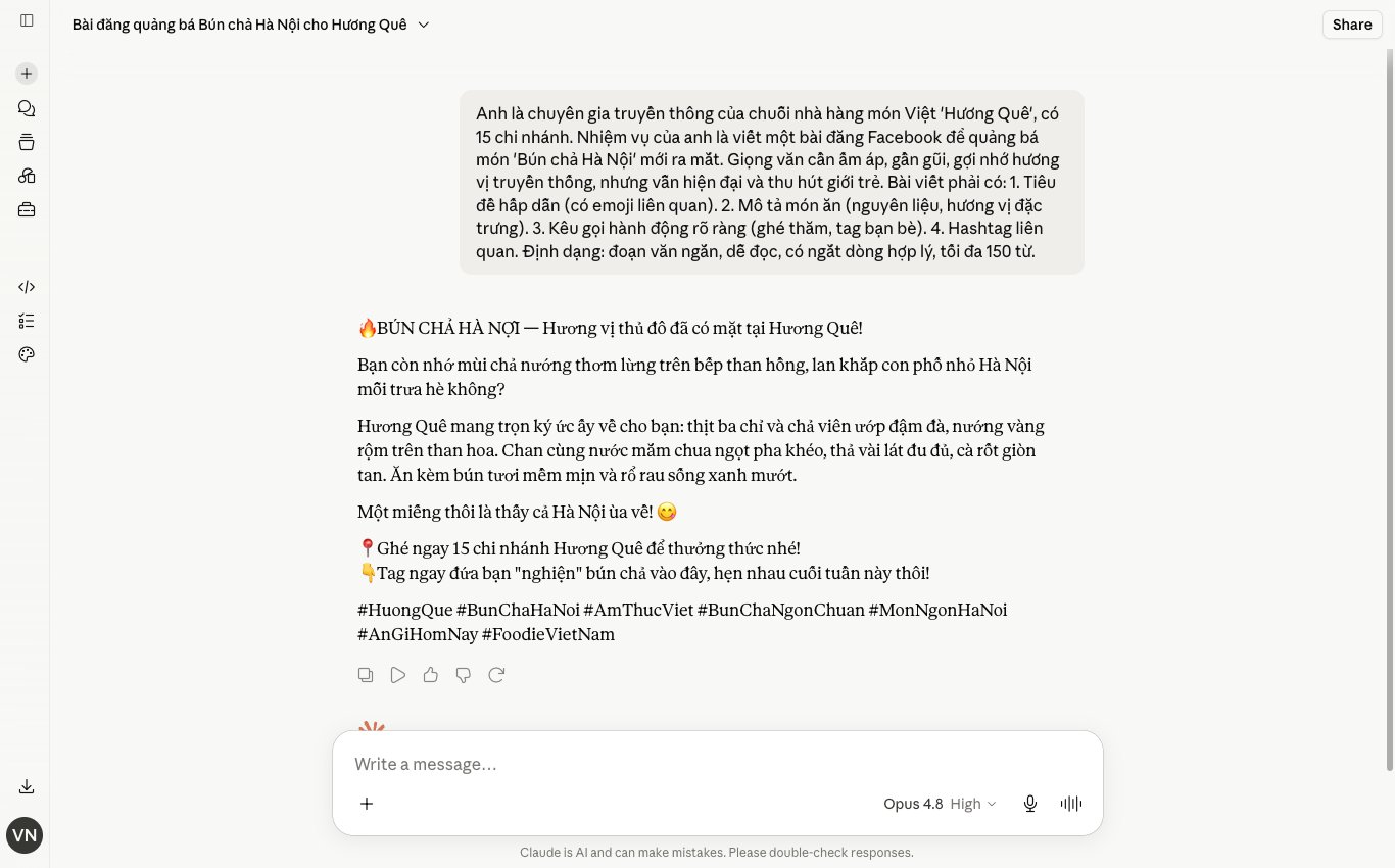 Claude 3 Haiku tạo nội dung Facebook, prompt 4 lớp, giọng thương hiệu nhà hàng, định dạng chuẩn.