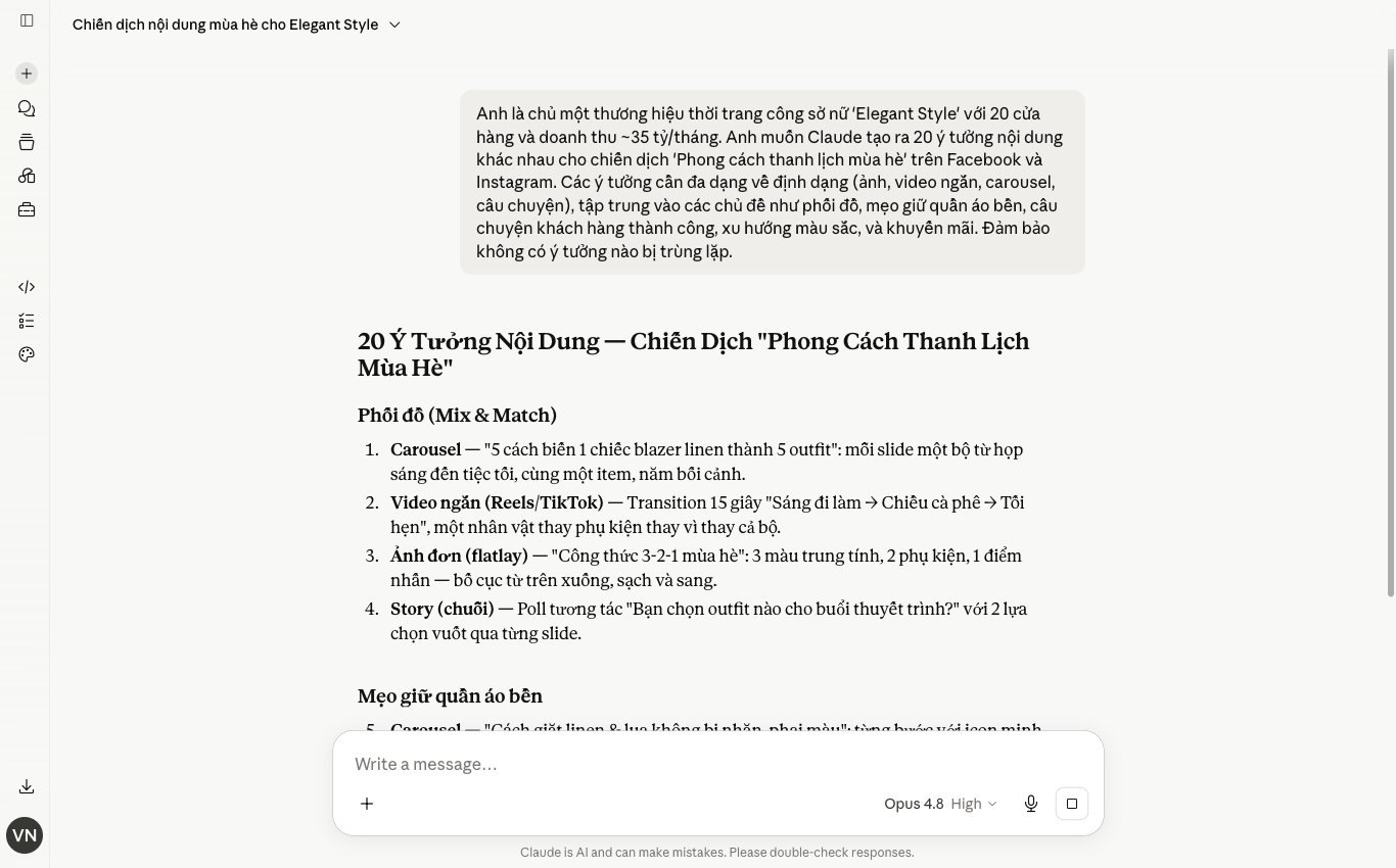 Claude tiếng Việt tạo 20+ ý tưởng nội dung mạng xã hội cho thương hiệu thời trang.