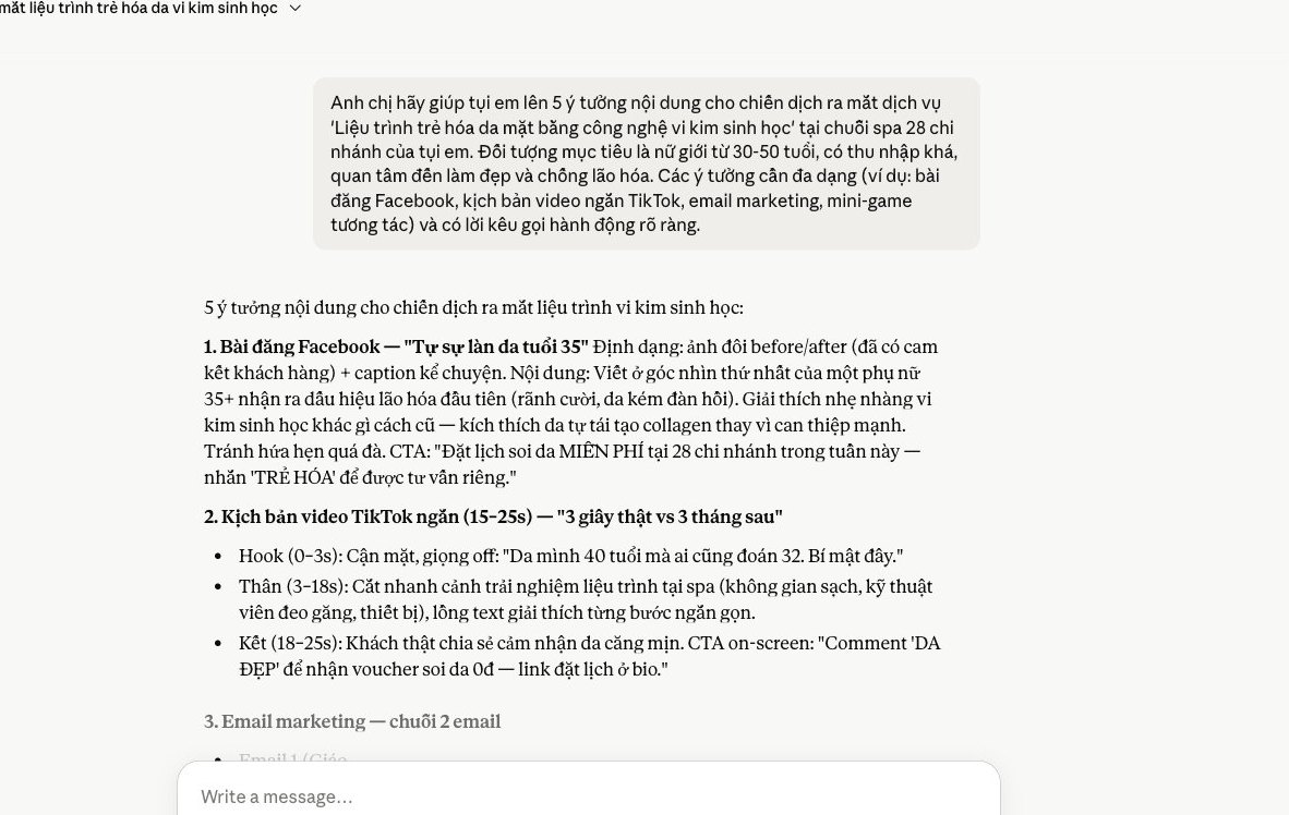 Màn hình ChatGPT tạo ý tưởng nội dung marketing cho chuỗi spa, đề xuất các bài đăng Facebook, video TikTok