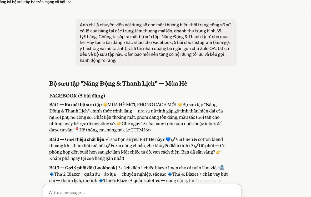 Màn hình Gemini tạo 15 bài đăng mạng xã hội cho Facebook, Instagram, Zalo về bộ sưu tập thời trang, minh họa khả năng sản xuất nội dung đa kênh.