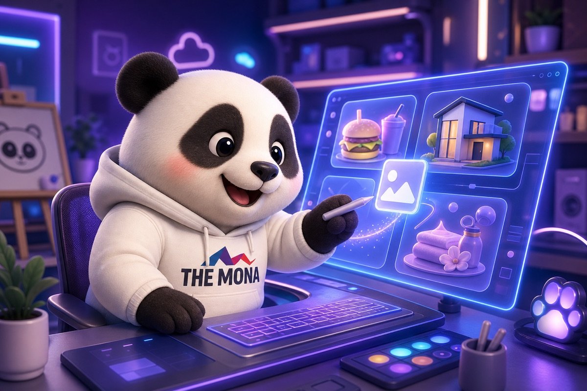 Góc nhìn qua vai chú gấu trúc chibi tươi cười, xem màn hình hiển thị ứng dụng đa dạng của công cụ AI thiết kế hình ảnh cho nhiều ngành nghề khác nhau.