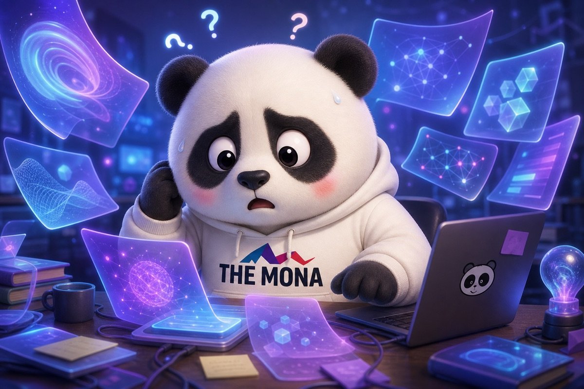 Gấu panda bối rối trước màn hình hiển thị nhiều khái niệm chuyển đổi số và AI, thể hiện nỗi đau của chủ doanh nghiệp khi tìm công ty chuyển đổi số ứng dụng AI phù hợp.