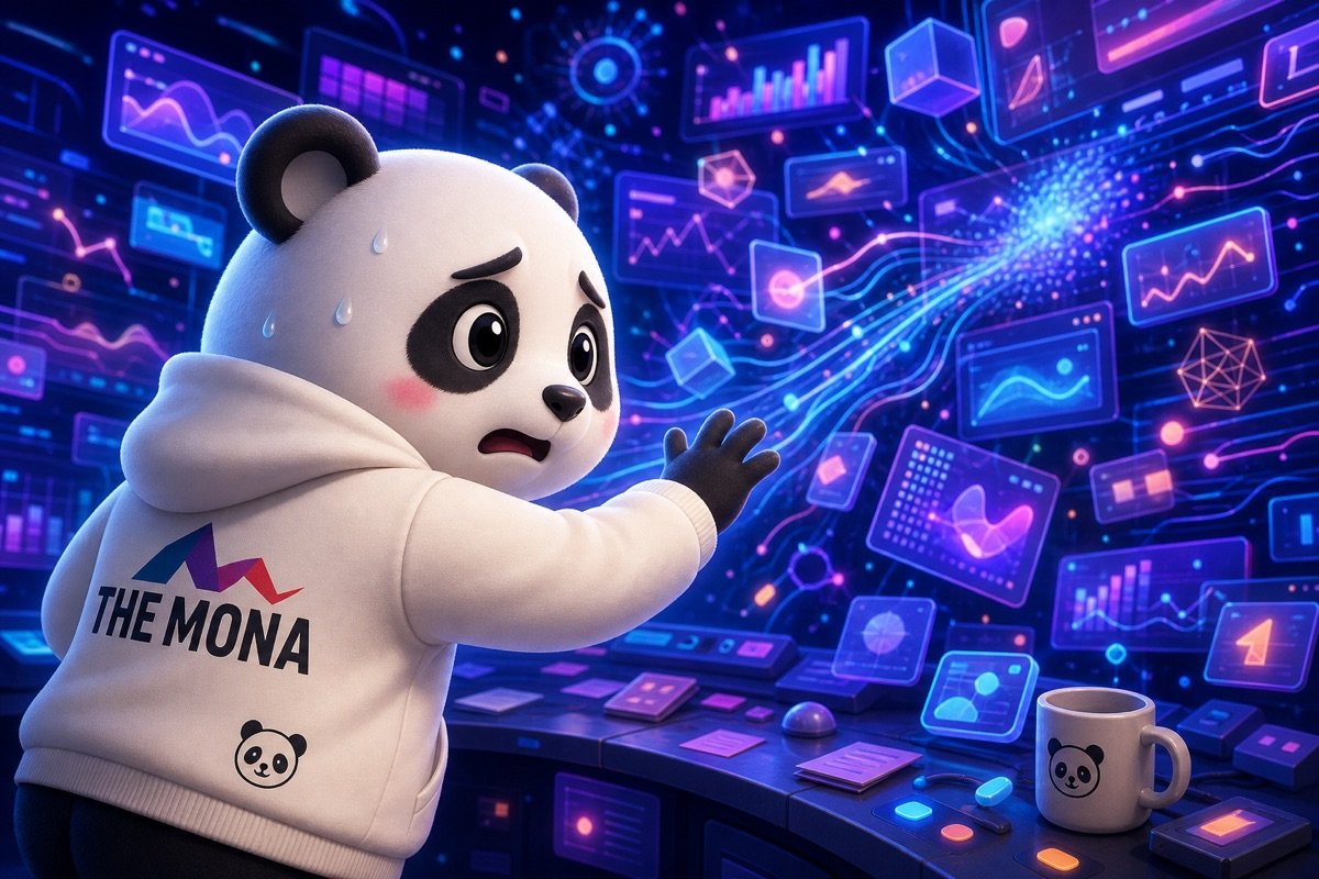Hình ảnh gấu panda nhìn vào màn hình dashboard hỗn loạn, thể hiện sự bối rối của chủ doanh nghiệp khi phân biệt hype và giá trị thực từ các công ty chuyển đổi số ứng dụng AI.