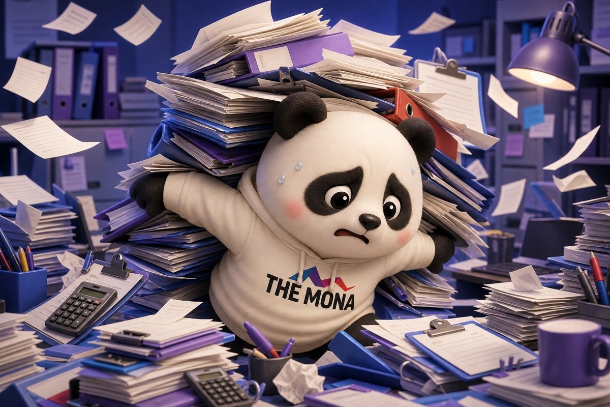 Gấu panda bị chôn vùi trong giấy tờ và công cụ thủ công, thể hiện nỗi đau nhân sự cồng kềnh trước khi có công ty chuyển đổi số ứng dụng AI hỗ trợ.