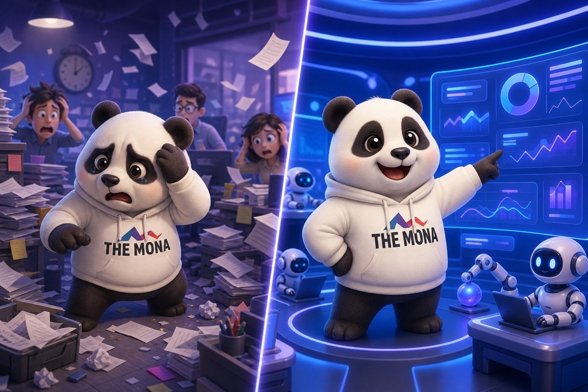Gấu panda hào hứng chỉ vào con số tiết kiệm 500 triệu đồng trên màn hình, so sánh với cảnh văn phòng lộn xộn trước khi có công ty chuyển đổi số ứng dụng AI.