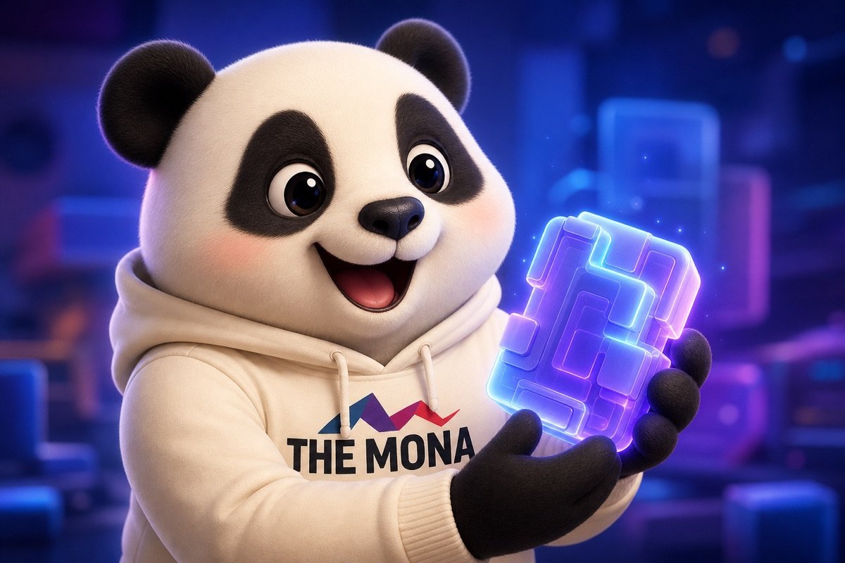 Gấu panda cười rạng rỡ, cầm mô-đun phần mềm tự động hóa tùy chỉnh, thể hiện sự hài lòng với giải pháp từ công ty chuyển đổi số ứng dụng AI MONA.