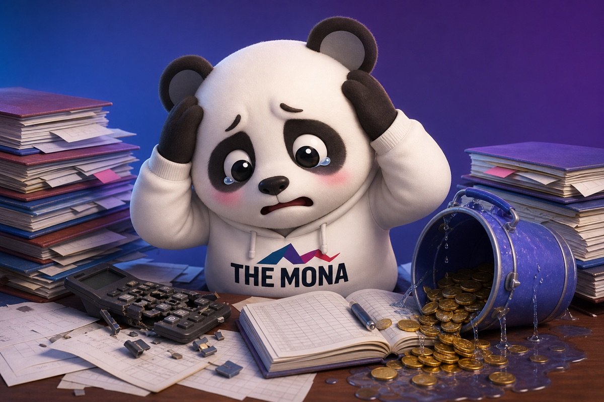 Gấu panda buồn bã, rũ rượi bên bàn làm việc với sổ sách chất đống, thể hiện nỗi đau tiền bạc chảy ra không kiểm soát trước khi có công ty chuyển đổi số ứng dụng AI.