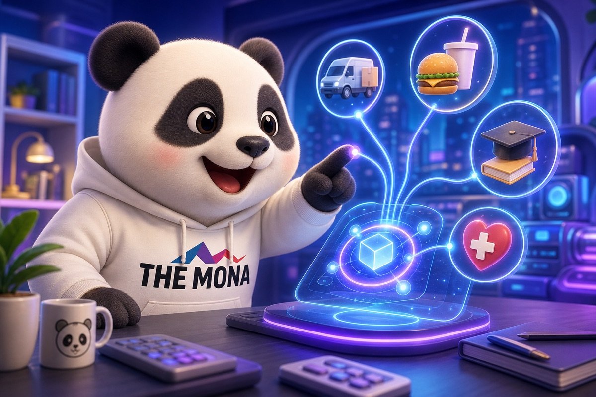 Gấu panda vui mừng nhìn màn hình dashboard hiển thị các mô-đun tự động hóa ứng dụng AI cho đa dạng ngành nghề.