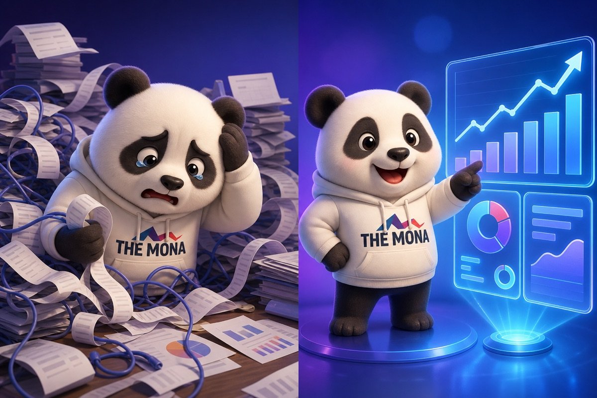 Gấu panda cười rạng rỡ chỉ vào báo cáo hiệu suất đầu tư minh bạch, so với cảnh kiểm toán phức tạp trước khi dùng công ty chuyển đổi số ứng dụng AI.