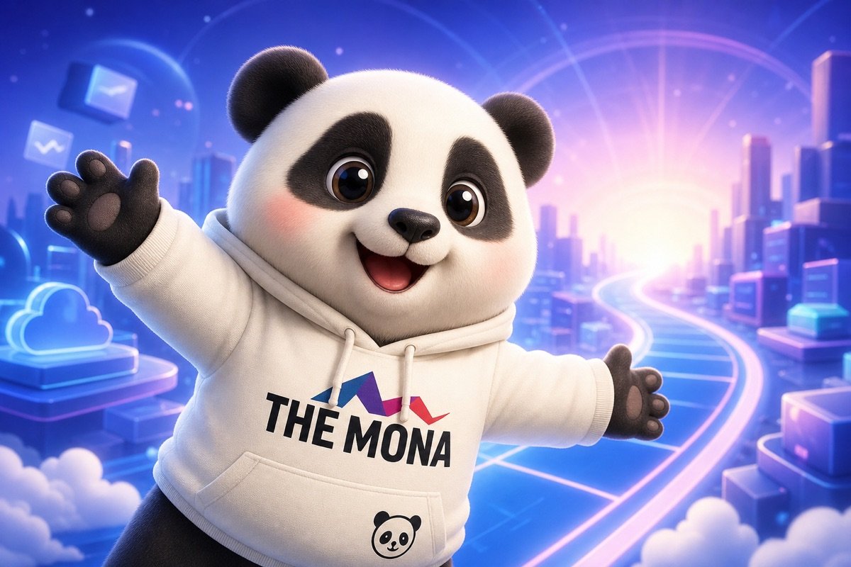 Gấu panda cười rạng rỡ, dang tay mời gọi chủ doanh nghiệp bắt đầu hành trình tự động hóa cùng công ty chuyển đổi số ứng dụng AI MONA.