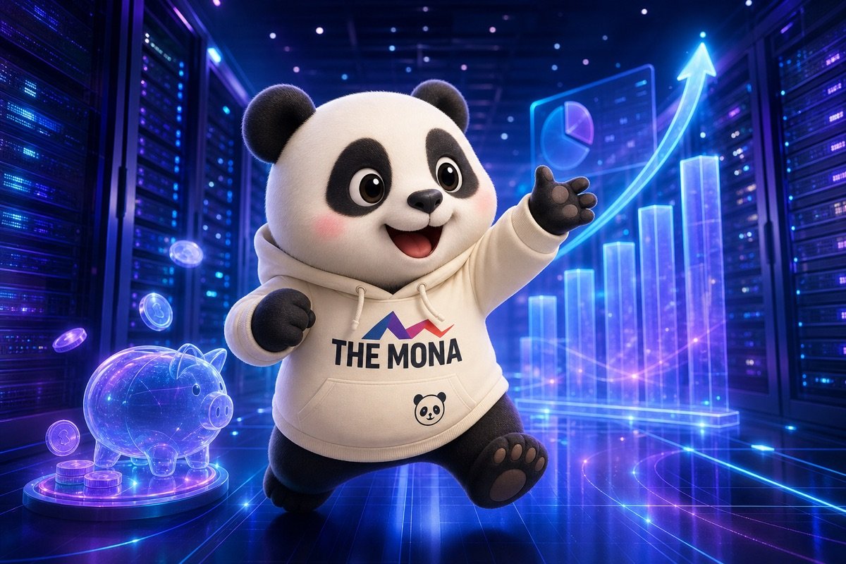 Gấu panda hào hứng chỉ vào biểu đồ tăng trưởng và con số tiết kiệm lớn, thể hiện kết quả từ công ty chuyển đổi số ứng dụng AI MONA.
