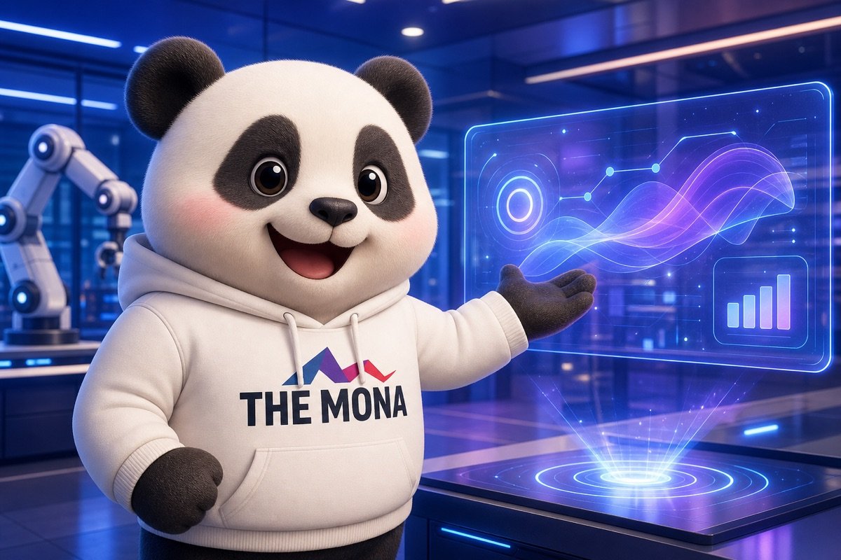 Gấu panda tự tin cười rạng rỡ trong văn phòng hiện đại, mời gọi doanh nghiệp tìm hiểu về công ty chuyển đổi số ứng dụng AI MONA.