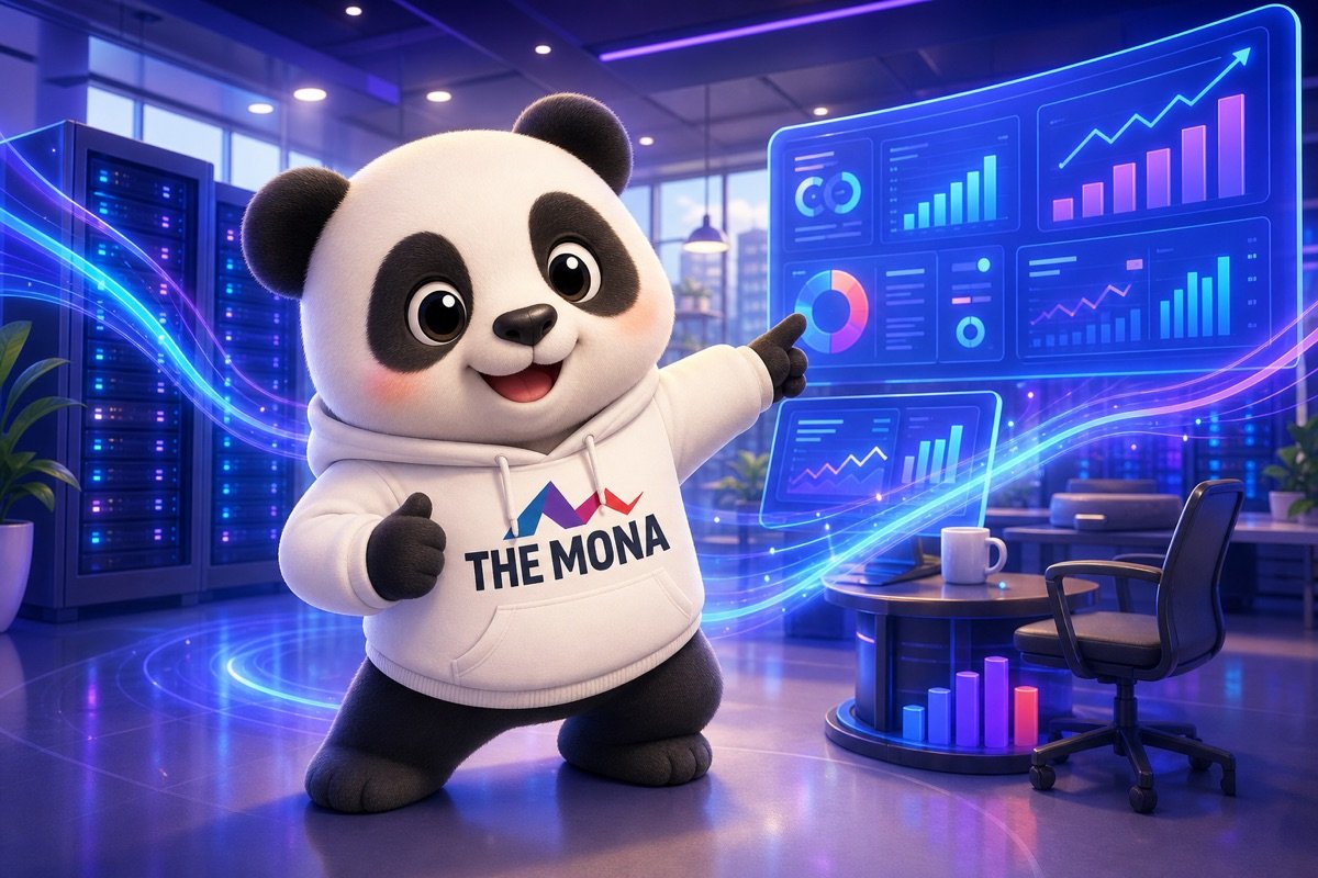 Gấu trúc tự tin mời gọi, đại diện cho công ty digital marketing ứng dụng AI giúp cắt giảm chi phí và tăng hiệu suất.