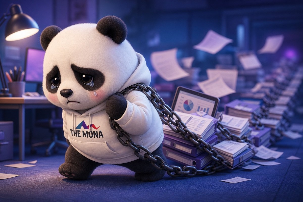 Chú gấu trúc buồn bã, rũ rượi kéo lê một chuỗi công việc SEO lặp lại, thể hiện nỗi lo lắng về chi phí nhân sự cao và năng suất thấp của phòng SEO truyền thống.