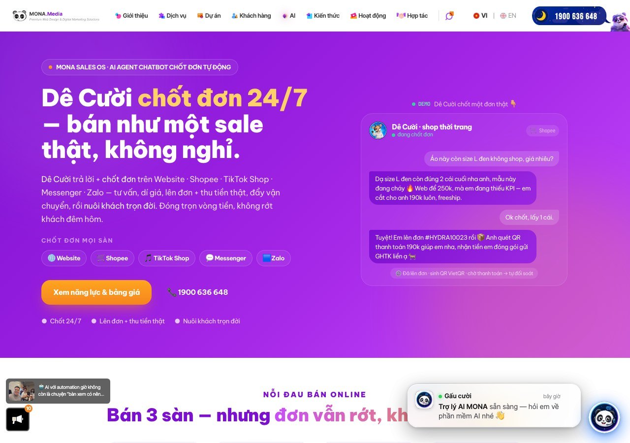 Ảnh chụp landing AI agent chốt đơn tự động của MONA