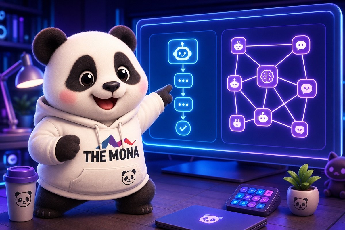 Gấu MONA vui mừng giải thích sự khác biệt giữa AI agent tự động hóa và chatbot truyền thống, giúp anh chị hiểu rõ về Copilot Studio.