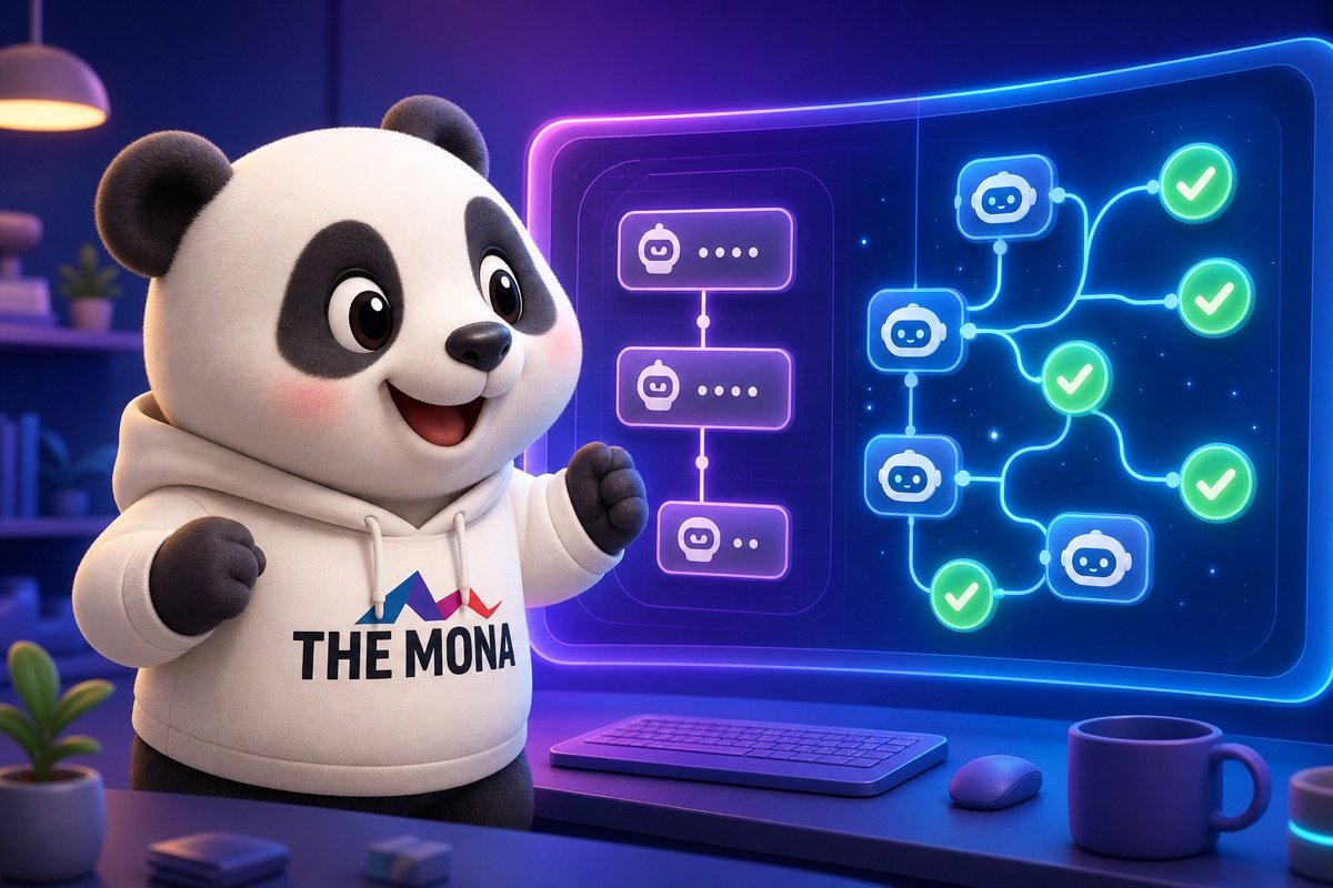 Gấu MONA nhìn màn hình so sánh AI agent và chatbot, làm rõ khái niệm để tránh nhầm lẫn về Copilot Studio.