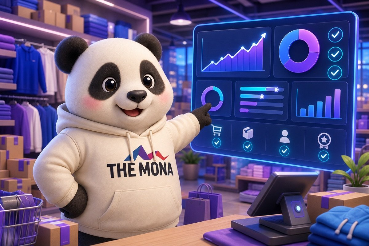 Gấu MONA hào hứng nhìn màn hình dashboard với các chỉ số hiệu suất đầu tư cải thiện nhờ AI agent tùy chỉnh cho chuỗi bán lẻ.
