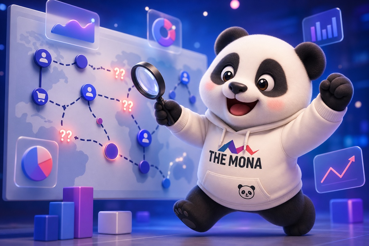 Chibi panda bối rối nhìn bản đồ hành trình khách hàng không rõ ràng, thể hiện sự mất kiểm soát dữ liệu trong CRM cho nhà phân phối.