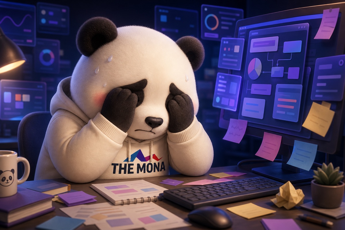 Chibi panda lo lắng vì quá nhiều thông tin và công nghệ phức tạp, minh họa nỗi đau confused vs hype khi tìm CRM cho nhà phân phối.