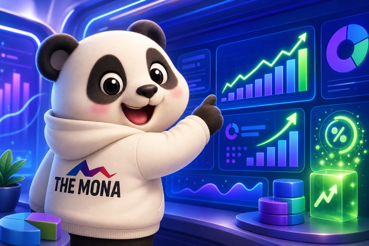 Chibi panda hào hứng chỉ vào màn hình hiển thị hiệu suất đầu tư rõ rệt của CRM cho nhà phân phối: tăng tỷ lệ chuyển đổi, giảm chi phí.