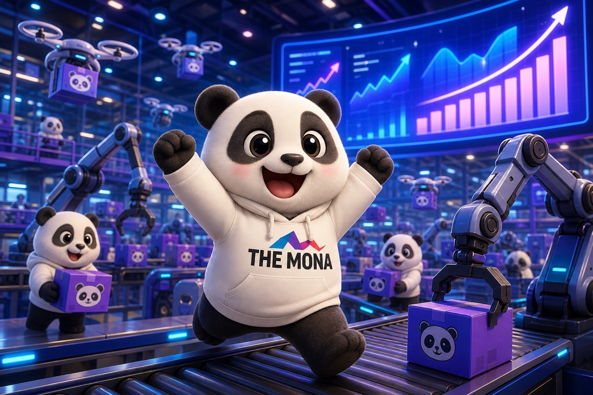 Chibi panda hào hứng chỉ vào con số tăng trưởng ấn tượng, minh họa thành công của CRM cho nhà phân phối trong môi trường tự động hóa.